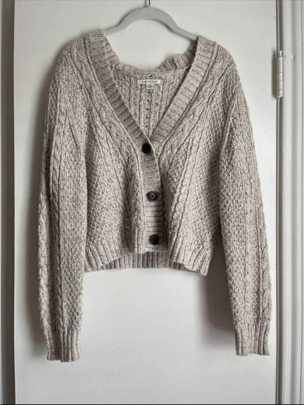 American Eagle Cozy Cable-Knit V-Neck Cropped Sweater Cardigan - Oatmeal